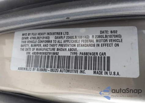 2003 Subaru Outback H6-3.0 L.l. Bean Edition from USA, damaged, VIN 4S3BH806537615952